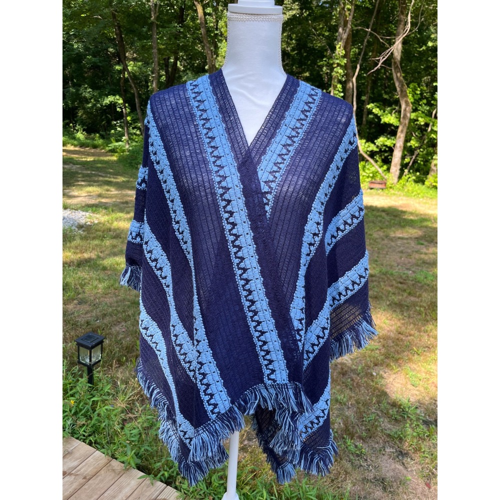 Anna & Ava Blue Open Knit Fringe Ruana Poncho One Size Boho Lightweight Wrap